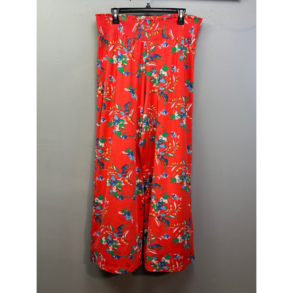 Zac & Rachel Pants Womens Large Red Floral Wide Leg Smocked Waist High Rise